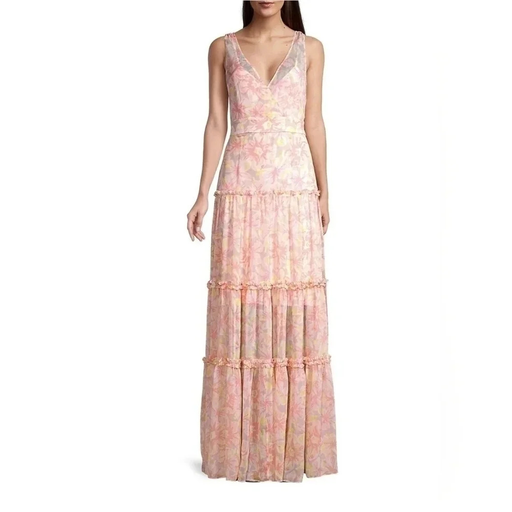 LIKELY Womens Size 0 Rachel Floral V-Neck‎ Tiered Ruffle Maxi Dress $278 Peach